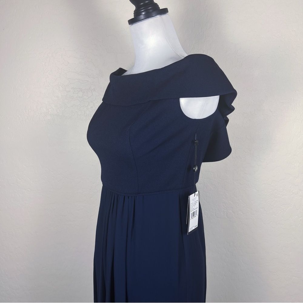 Adrianna Papell Off Shoulder Crepe Chiffon Long Formal Evening Gown Navy 2 NEW - Picture 5 of 15
